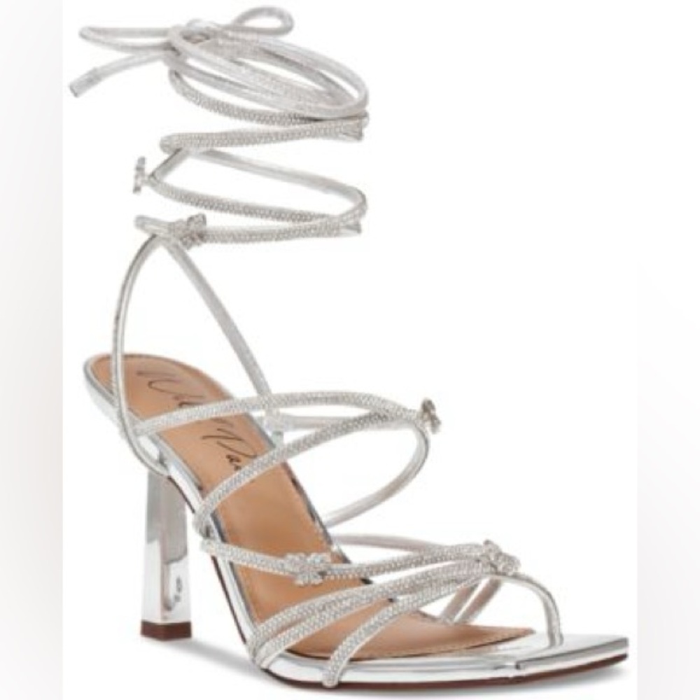 Wild Pair Shimmering Silver Strappy Heels 5M - Picture 1 of 7